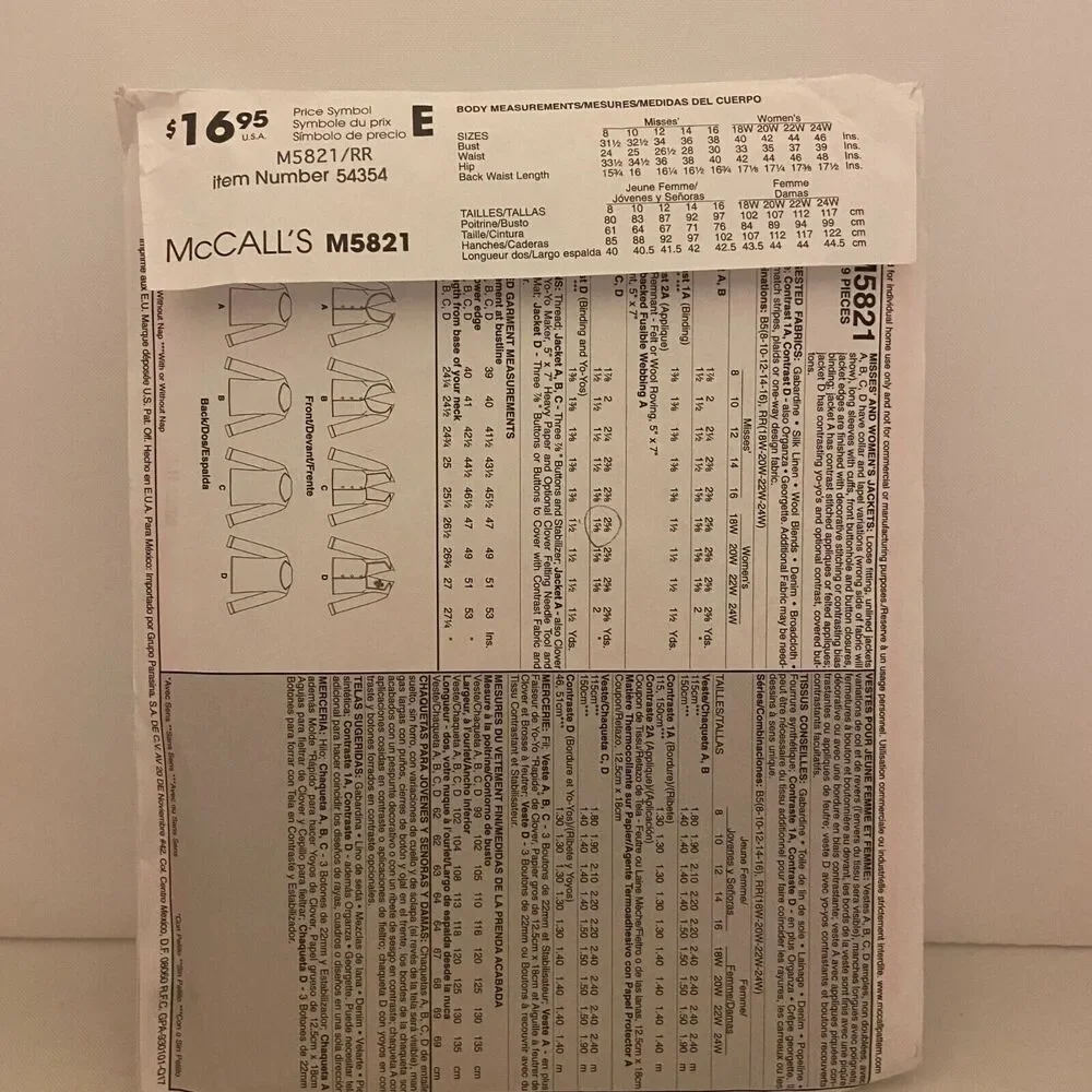 #M5821 McCalls Misses and Womens Jackets Sewing Pattern Size 18W-24W